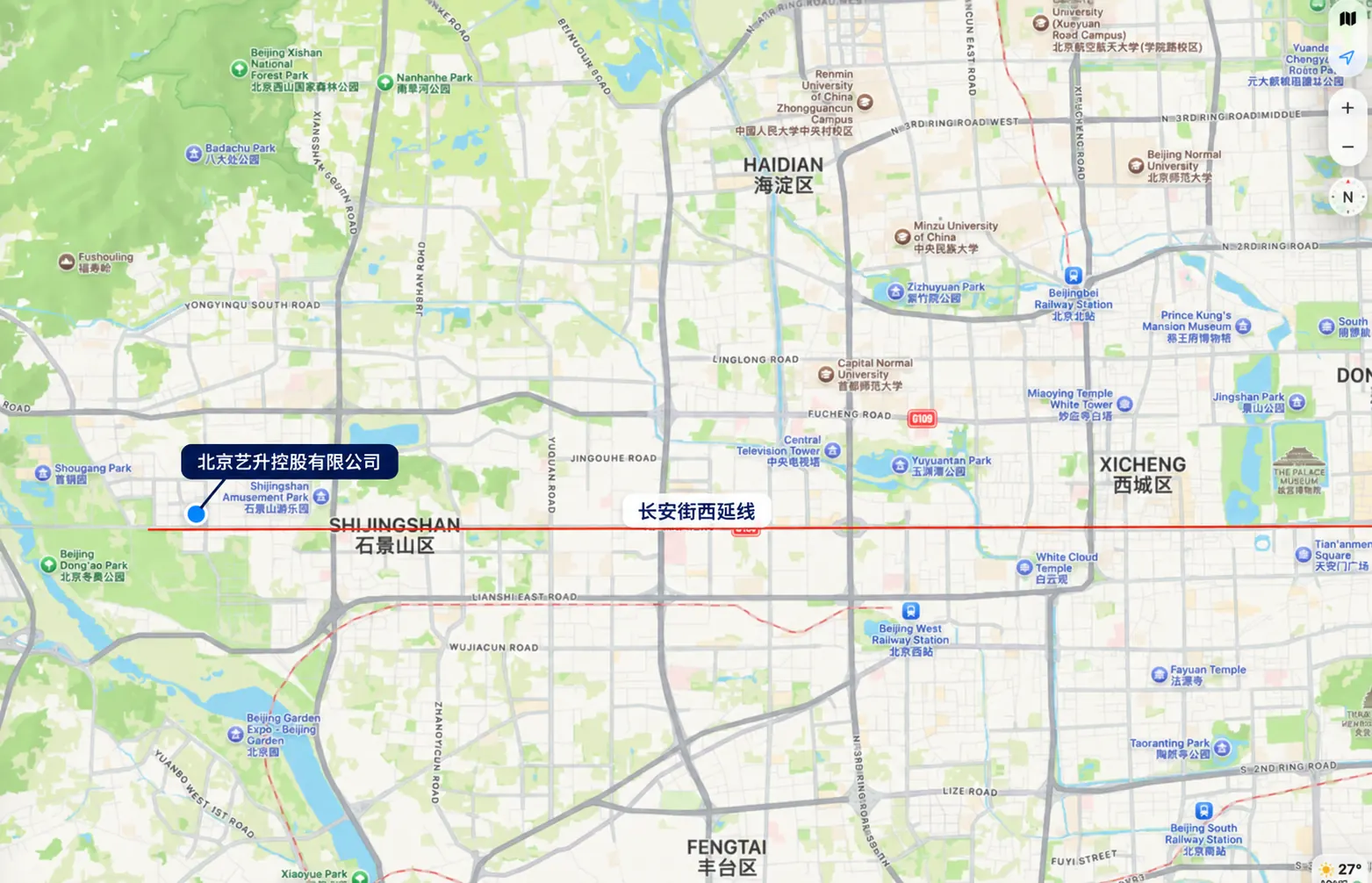北京市石景山区地图，标出艺升控股位置和长安街西延线